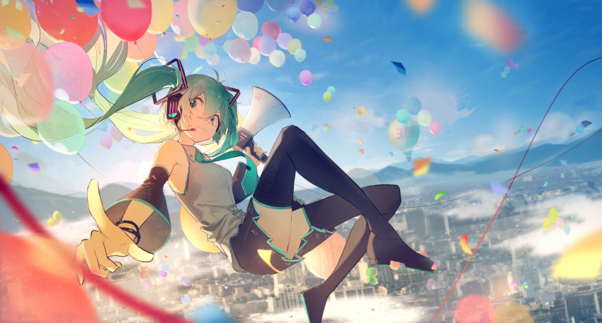1girl 39 aircraft aqua_eyes aqua_hair aqua_neckwear balloon bare_shoulders black_legwear black_skirt black_sleeves blue_sky bracelet cable city cityscape commentary confetti detached_sleeves floating foreshortening from_side grey_shirt hair_ornament hatsune_miku headphones headset highres holding holding_megaphone hot_air_balloon hua_ben_wuming index_finger_raised jewelry long_hair looking_to_the_side megaphone miniskirt mountainous_horizon necktie outdoors pleated_skirt shirt sideways_glance skirt sky sleeveless sleeveless_shirt smile solo symbol_commentary thigh-highs twintails very_long_hair vocaloid zettai_ryouiki