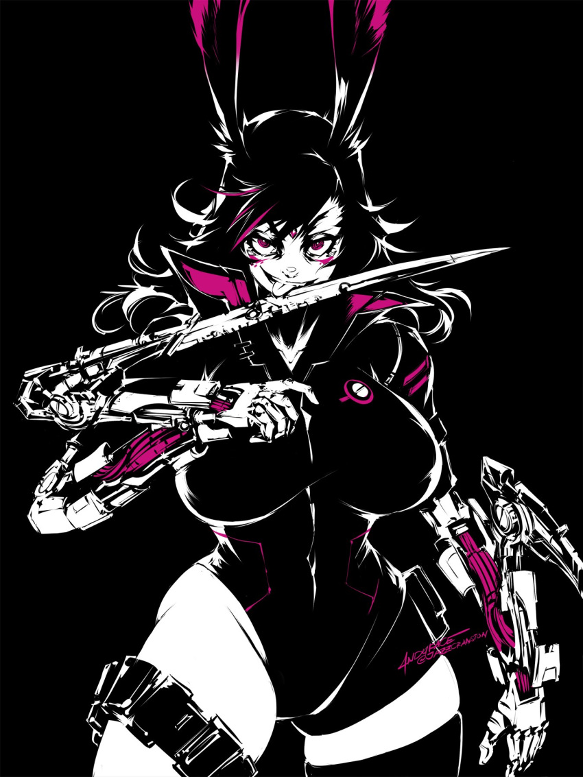 android andyface animal_ears arm_blade breasts commission crossover cyberpunk_2077 final_fantasy final_fantasy_xiv forehead_jewel highres large_breasts leotard licking licking_weapon long_hair mantis_blades_(cyberpunk_2077) open_hands pink_eyes rabbit_ears science_fiction single_thighhigh skindentation spot_color thigh-highs thigh_strap v-shaped_eyebrows viera weapon