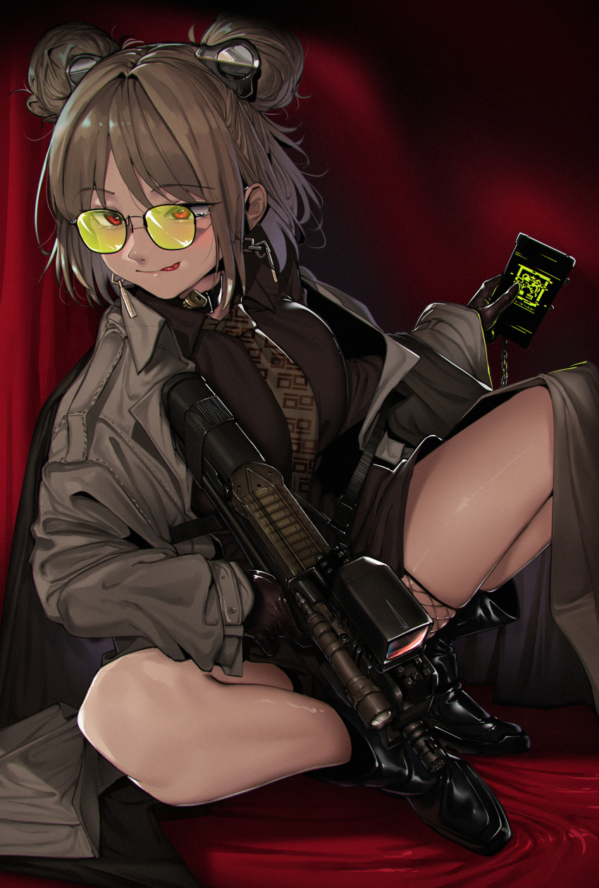 1girl absurdres bangs black_footwear black_gloves blush brown_hair bullpup closed_mouth coat collared_shirt double_bun eyebrows_visible_through_hair girls_frontline gloves gun highres holding holding_gun holding_weapon licking_lips long_sleeves necktie off_shoulder p90 p90_(girls_frontline) red_eyes sd_bigpie shirt short_hair sitting solo submachine_gun sunglasses tongue tongue_out weapon