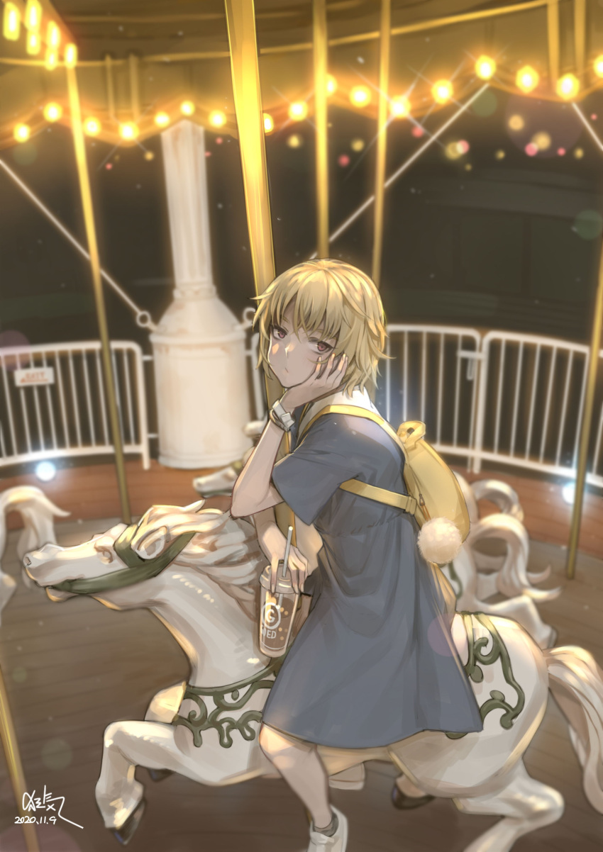 1girl absurdres backpack bag blonde_hair blue_dress bob_cut carousel cup disposable_cup dress highres kyouki_no_kimi legs looking_at_viewer night original outdoors pinafore_dress red_eyes sailor_dress shoes short_hair signature solo