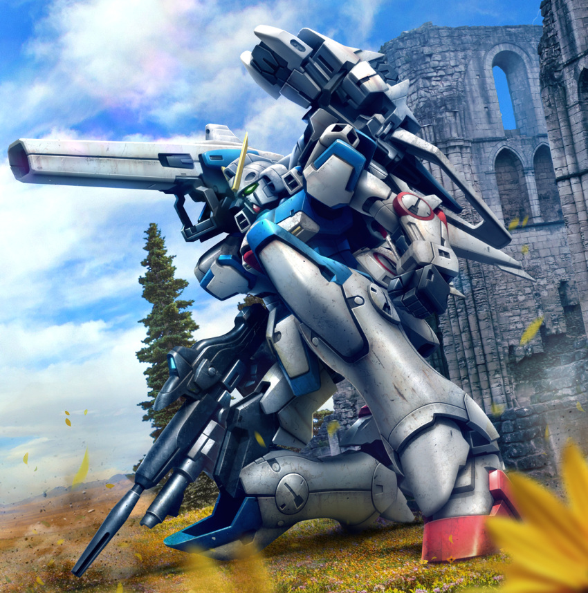 clenched_hand clouds green_eyes gun gundam highres hiropon_(tasogare_no_puu) holding holding_gun holding_weapon kneeling mecha mobile_suit one_knee photo_background ruins science science_fiction shoulder_cannon sky solo v_gundam victory_gundam weapon