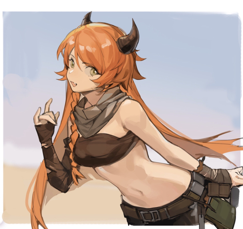 1girl :d arknights bandeau bangs belt braid breasts commentary croissant_(arknights) croissant_(seeker)_(arknights) eyebrows_visible_through_hair fang grey_eyes grey_scarf hand_up highres horns huomiaopp leaning_forward long_hair looking_at_viewer medium_breasts midriff navel open_mouth orange_hair scarf single_braid smile solo stomach strapless symbol_commentary tubetop upper_body very_long_hair