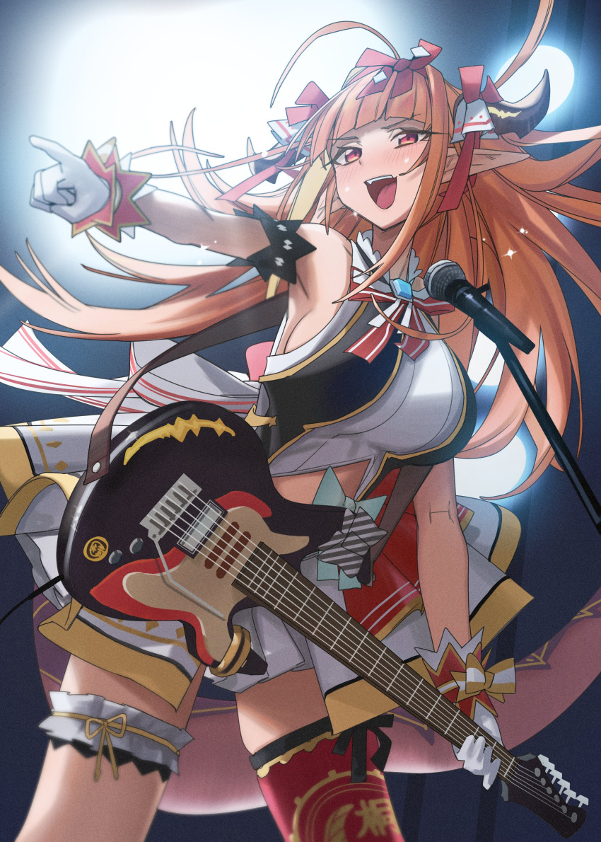 1girl absurdres ahoge arm_garter armpits bangs bare_arms bare_shoulders blonde_hair blunt_bangs bow bow_hairband breasts clothing_cutout diagonal-striped_bow dragon_girl dragon_horns dragon_tail electric_guitar emblem english_commentary eyebrows_visible_through_hair fang feet_out_of_frame floating_hair gloves guitar hairband hand_up highlights highres holding holding_instrument hololive hololive_idol_uniform horn_ornament horn_ribbon horns idol idol_clothes instrument kiryu_coco large_breasts leg_garter light_blush long_hair long_pointy_ears looking_to_the_side miniskirt multicolored_hair navel_cutout official_alternate_costume open_mouth orange_hair outstretched_arm pointing pointy_ears red_eyes red_hairband red_ribbon ribbon sidelocks single_thighhigh skin_fang skindentation skirt solo stage stage_lights streaked_hair striped striped_bow sweat tail thigh-highs upper_teeth virtual_youtuber white_gloves white_skirt wrist_cuffs xiaoju_xiaojie