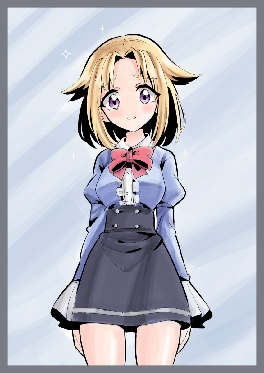 1girl arms_at_sides bangs black_skirt blonde_hair blue_background blue_shirt blush border bow bowtie breasts buttons closed_mouth collared_shirt commentary cowboy_shot eyebrows_visible_through_hair forehead frilled_shirt frills grey_border hair_intakes happy high-waist_skirt highres juliet_sleeves light_blush long_sleeves looking_at_viewer medium_breasts miniskirt original puffy_sleeves red_neckwear rune_(pixiv_25170019) shirt shirt_tucked_in short_hair sidelocks simple_background skirt smile solo sparkle standing straight-on violet_eyes