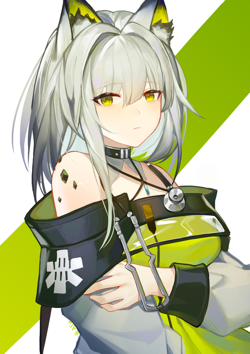 1girl absurdres animal_ear_fluff animal_ears arknights ayu_(ayuyu0924) bangs bare_shoulders commentary_request dress eyebrows_visible_through_hair green_dress green_eyes hair_between_eyes hair_intakes highres kal'tsit_(arknights) long_hair long_sleeves looking_at_viewer lynx_ears off-shoulder_dress off_shoulder oripathy_lesion_(arknights) silver_hair solo stethoscope upper_body white_background