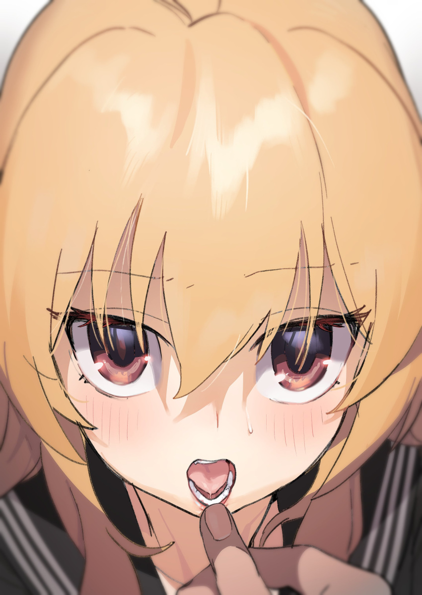 1girl absurdres aisaka_taiga black_sailor_collar blush brown_eyes brown_hair close-up dorontabi eyebrows_visible_through_hair face finger_to_another's_mouth hair_between_eyes highres long_hair looking_at_viewer open_mouth out_of_frame pov pov_hands sailor_collar school_uniform sketch solo_focus sweatdrop teeth tongue toradora! upper_body