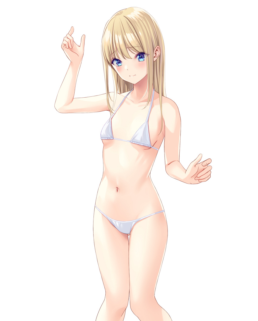 1girl absurdres arm_up bangs bare_arms bare_legs bare_shoulders bikini blonde_hair blue_eyes blush breasts collarbone commentary_request eyebrows_visible_through_hair halterneck highres long_hair looking_at_viewer marui_koishi navel original revision sidelocks simple_background small_breasts solo string_bikini swimsuit swimwear under_boob white_background white_bikini white_swimsuit