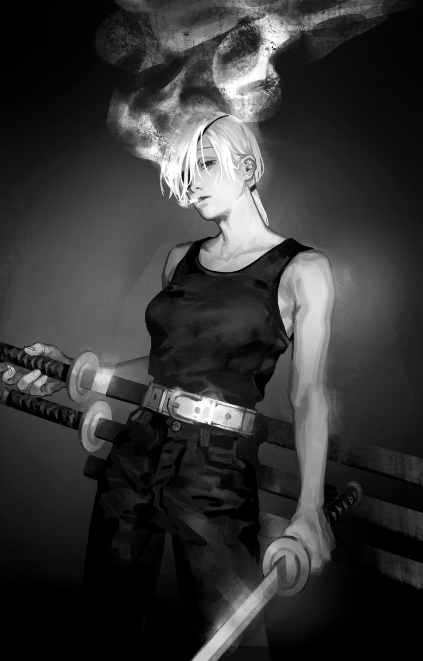 1girl bare_arms bare_shoulders belt chainsaw_man cigarette eyepatch feet_out_of_frame gradient gradient_background greyscale hair_over_one_eye half-closed_eyes highres holding holding_weapon katana low_ponytail monochrome multiple_swords one_eye_covered pants parted_lips ponytail quanxi_(chainsaw_man) scabbard seki_(fyfyfy) sheath sheathed shirt_tucked_in simple_background smoke smoking solo standing sword tank_top weapon
