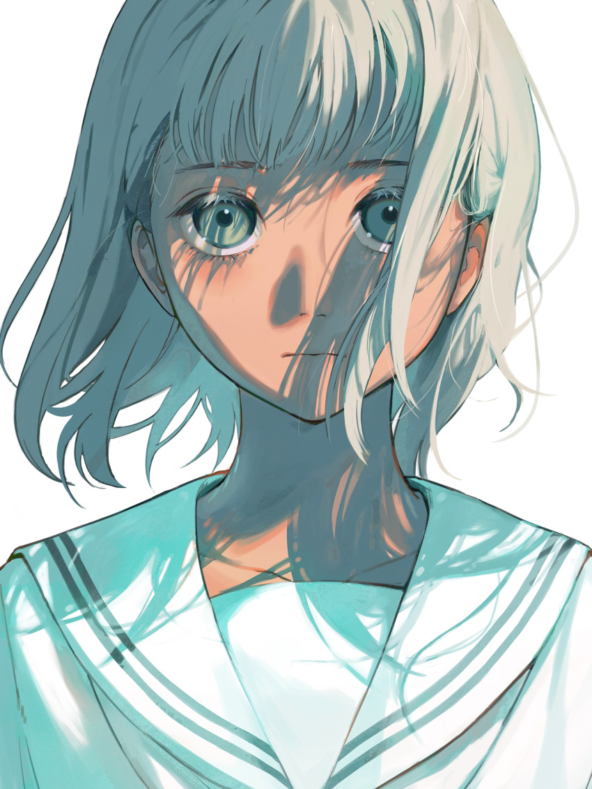 1girl bangs blank_stare close-up closed_mouth collarbone commentary expressionless face grey_eyes grey_hair highres kotatiyu looking_at_viewer monochrome original pale_color portrait sailor_collar short_hair simple_background solo white_background wind