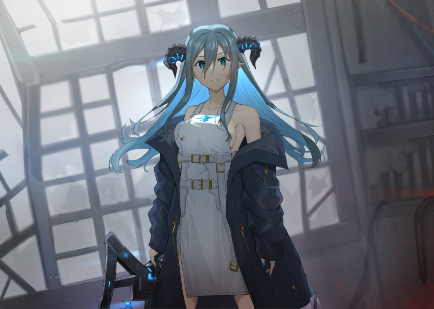 1girl bangs black_coat black_horns blue_hair blue_nails breasts broken_window closed_mouth coat colored_inner_hair cowboy_shot demon_horns dress dutch_angle frown green_eyes grey_hair grey_sky hair_between_eyes highres holding holding_sword holding_weapon horns indoors large_breasts long_hair long_sleeves looking_at_viewer multicolored_hair nail_polish off_shoulder open_clothes open_coat original pointy_ears raitho104 short_dress sleeveless sleeveless_dress solo standing sword weapon white_dress window