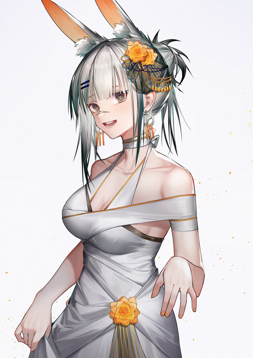 1girl :d animal_ear_fluff animal_ears arknights bangs bare_shoulders breasts collarbone commentary cowboy_shot dress earrings flower frostnova_(arknights) grey_eyes hair_flower hair_ornament hairpin halter_dress halterneck highres jewelry looking_at_viewer medium_breasts open_mouth orange_flower rabbit_ears silver_hair skirt_hold smile solo teeth tied_hair white_background white_dress yuuki_mix