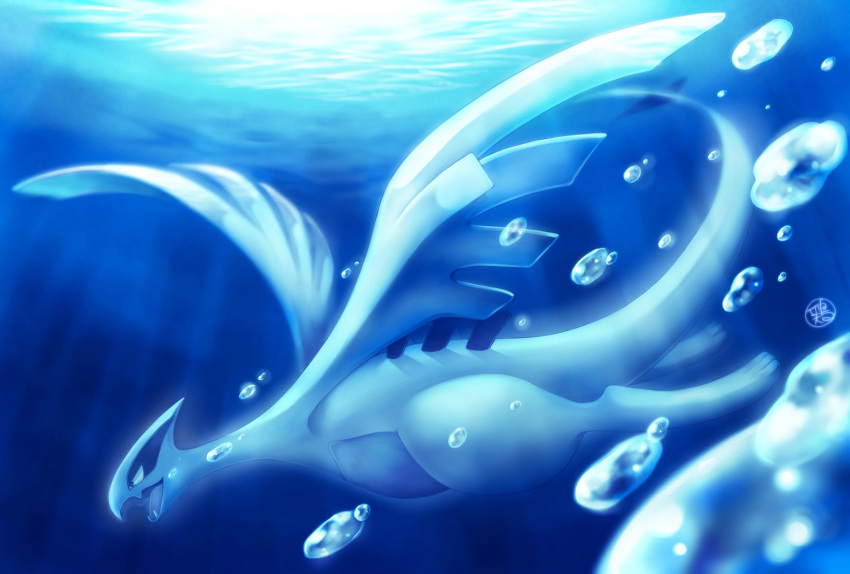 air_bubble bubble commentary_request fangs from_side gen_2_pokemon highres legendary_pokemon light_beam lugia no_humans okowa_0141 open_mouth pokemon pokemon_(creature) signature solo toes tongue underwater water_surface
