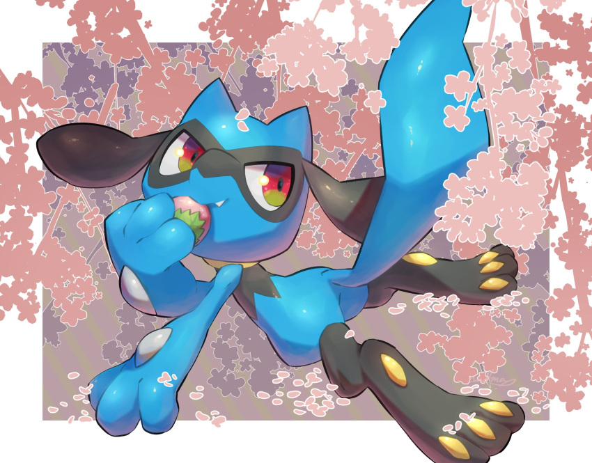 closed_mouth commentary_request fang fang_out gen_4_pokemon highres holding looking_back multicolored multicolored_eyes nullma pokemon pokemon_(creature) riolu shiny shiny_skin smile solo toes