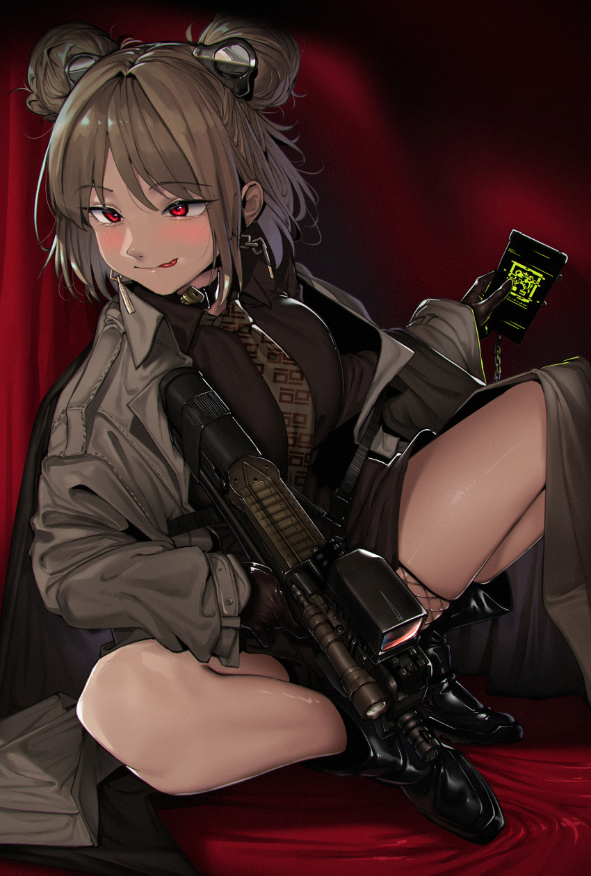 1girl absurdres bangs black_footwear black_gloves blush brown_hair bullpup closed_mouth coat collared_shirt double_bun eyebrows_visible_through_hair girls_frontline gloves gun highres holding holding_gun holding_weapon licking_lips long_sleeves necktie off_shoulder p90 p90_(girls_frontline) red_eyes sd_bigpie shirt short_hair sitting solo submachine_gun tongue tongue_out weapon