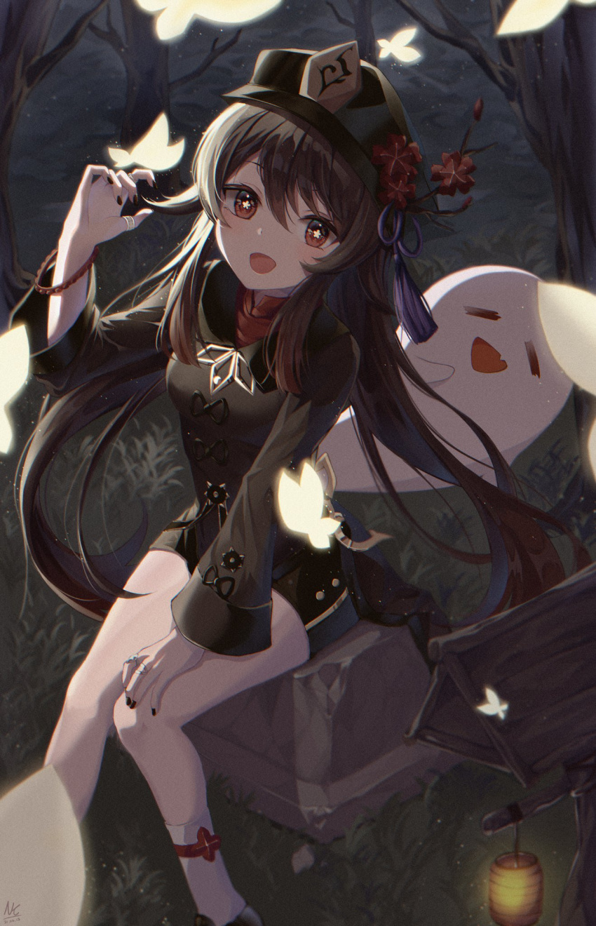 1girl :d arm_up bangs black_headwear black_nails brown_hair brown_shirt brown_shorts bug butterfly chinese_clothes dated fingernails flower genshin_impact ghost hair_between_eyes hand_on_own_thigh hat hat_flower highres hu_tao insect jewelry long_hair long_sleeves looking_at_viewer multiple_rings nail_polish nankam open_mouth outdoors red_eyes red_flower ring shirt short_shorts shorts signature sitting smile socks solo star-shaped_pupils star_(symbol) symbol-shaped_pupils thumb_ring tree twintails very_long_hair white_legwear wide_sleeves wristband yellow_butterfly