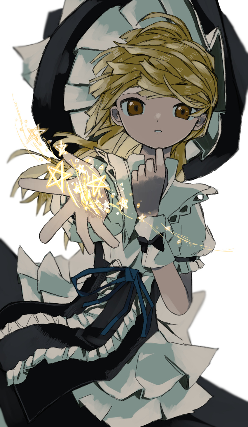 1girl absurdres black_dress blonde_hair blue_ribbon bow collar cowboy_shot cropped_legs dress hand_on_own_chin hat hat_bow highres kirisame_marisa looking_at_viewer medium_hair neruzou outstretched_arm puffy_short_sleeves puffy_sleeves ribbon short_sleeves solo sparkle star_(symbol) touhou white_background wind witch_hat wrist_cuffs yellow_eyes
