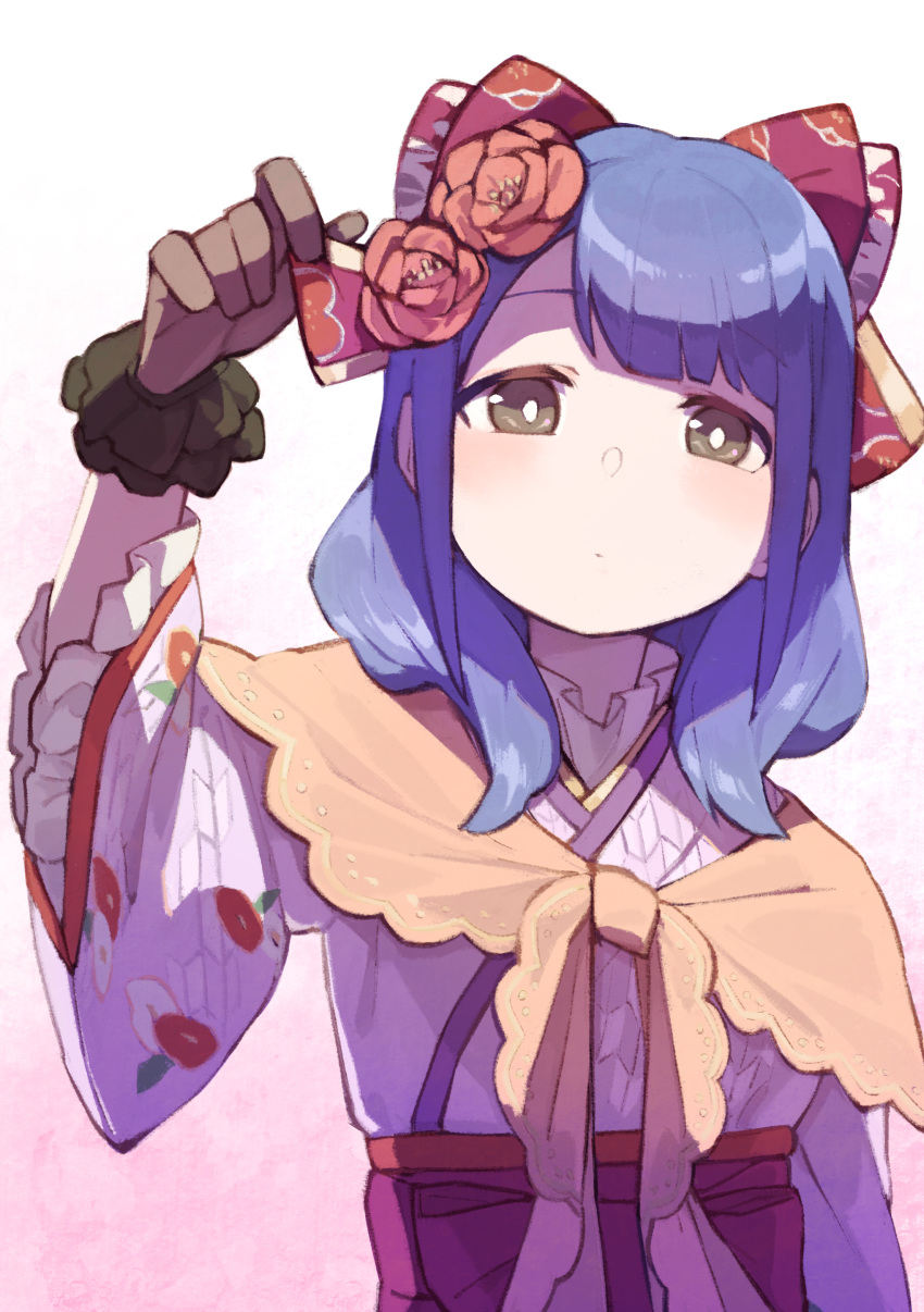 1girl absurdres adjusting_bow arm_at_side arm_up bangs blue_hair blunt_bangs blush bow bright_pupils brown_eyes brown_gloves closed_mouth expressionless eyebrows_visible_through_hair floral_print flower frilled_gloves frilled_sleeves frills gloves goe_(g-o-e) gradient gradient_background hair_bow hair_flower hair_ornament hanayagi_kaoruko highres japanese_clothes kimono long_sleeves looking_at_viewer medium_hair obi pink_background print_bow print_kimono purple_kimono red_bow red_flower sash shawl shoujo_kageki_revue_starlight shoujo_kageki_revue_starlight_-re_live- sidelocks solo standing upper_body white_background wide_sleeves