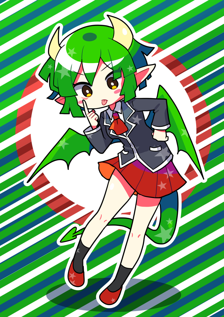 1girl absurdres black_legwear bright_pupils brown_eyes draco_centauros dragon_girl dragon_horns dragon_tail dragon_wings full_body green_hair hand_on_hip highres horns long_sleeves offbeat pointy_ears puyopuyo red_footwear red_skirt short_hair skirt socks solo tail tongue tongue_out white_pupils wings