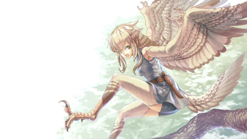 1girl belt blonde_hair branch claws commentary_request eyebrows_visible_through_hair fangs fantasy feathers fewer_digits green_eyes hair_wings harpy highres knife looking_at_viewer monster_girl morisaki_jiro open_mouth original pointy_ears shorts solo talons winged_arms