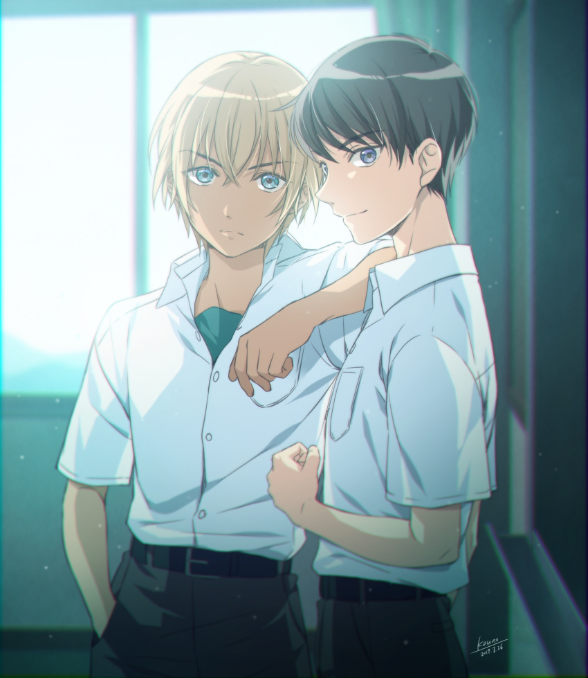 2boys amuro_tooru backlighting bangs belt black_belt black_hair black_pants blonde_hair blue_eyes buttons classroom closed_mouth collared_shirt commentary_request cowboy_shot dated dress_shirt elbow_on_another's_shoulder eyebrows_visible_through_hair hair_between_eyes hand_in_pocket highres indoors kouno_kb looking_at_viewer male_focus meitantei_conan multiple_boys pants school_uniform scotch_(meitantei_conan) serious shirt shirt_tucked_in short_hair signature smile standing violet_eyes white_shirt younger