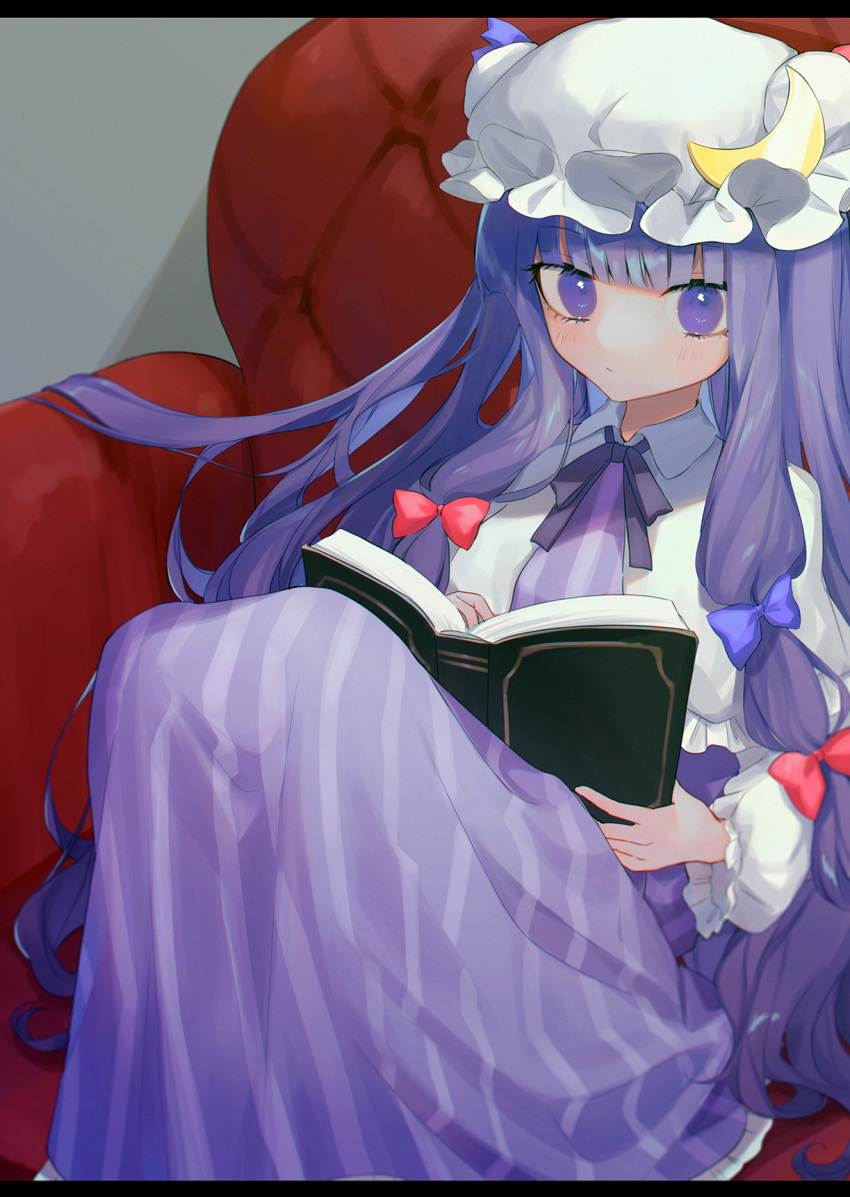 1girl bangs blue_bow blunt_bangs book bow capelet chair commentary_request crescent crescent_hat_ornament double_bun dress easy_chair frilled_sleeves frills funa_(sakana) hair_bow hat hat_bow hat_ornament highres long_dress long_hair long_sleeves looking_at_viewer mob_cap multi-tied_hair neck_ribbon patchouli_knowledge purple_bow purple_dress purple_hair red_bow ribbon solo striped striped_dress touhou vertical-striped_dress vertical_stripes violet_eyes white_capelet