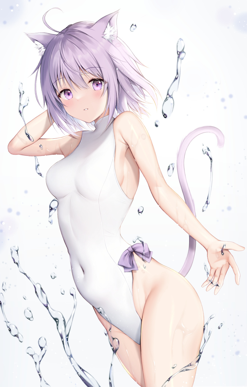 1girl absurdres ahoge animal_ears arm_up armpits bangs bare_shoulders breasts cat_ears cat_girl cat_tail covered_navel eyebrows_visible_through_hair hair_between_eyes highleg highleg_leotard highres hololive leotard looking_at_viewer medium_breasts nekomata_okayu one-piece_swimsuit parted_lips purple_hair short_hair simple_background solo swimsuit tail tail_raised thighs utekiro violet_eyes virtual_youtuber water water_drop wet white_background