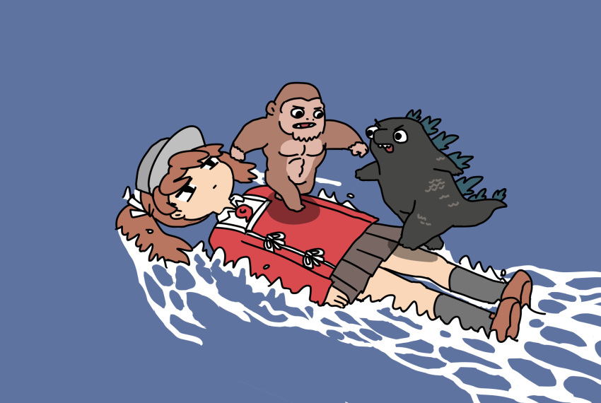 afei_(sfma3248) brown_hair chibi crossover expressionless fangs fighting godzilla godzilla_(series) godzilla_vs_kong hat highres kaijuu kantai_collection king_kong king_kong_(series) parody ryuujou_(kancolle) skirt socks spines tail twintails water