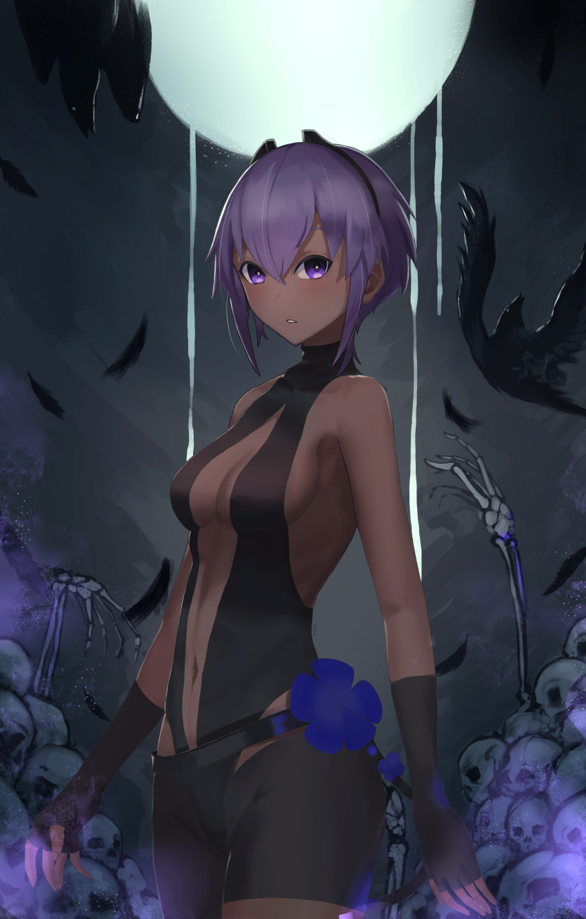 1girl absurdres bare_shoulders belt black_gloves black_hairband black_legwear black_leotard blush center_opening collarbone commentary_request dark_skin dark-skinned_female fate/grand_order fate/prototype fate_(series) fingerless_gloves flower full_moon gloves hairband hassan_of_serenity_(fate) highres horned_headwear leggings leotard looking_at_viewer moon navel purple_hair short_hair skull skull_pile solo taruto_(takug0812) violet_eyes