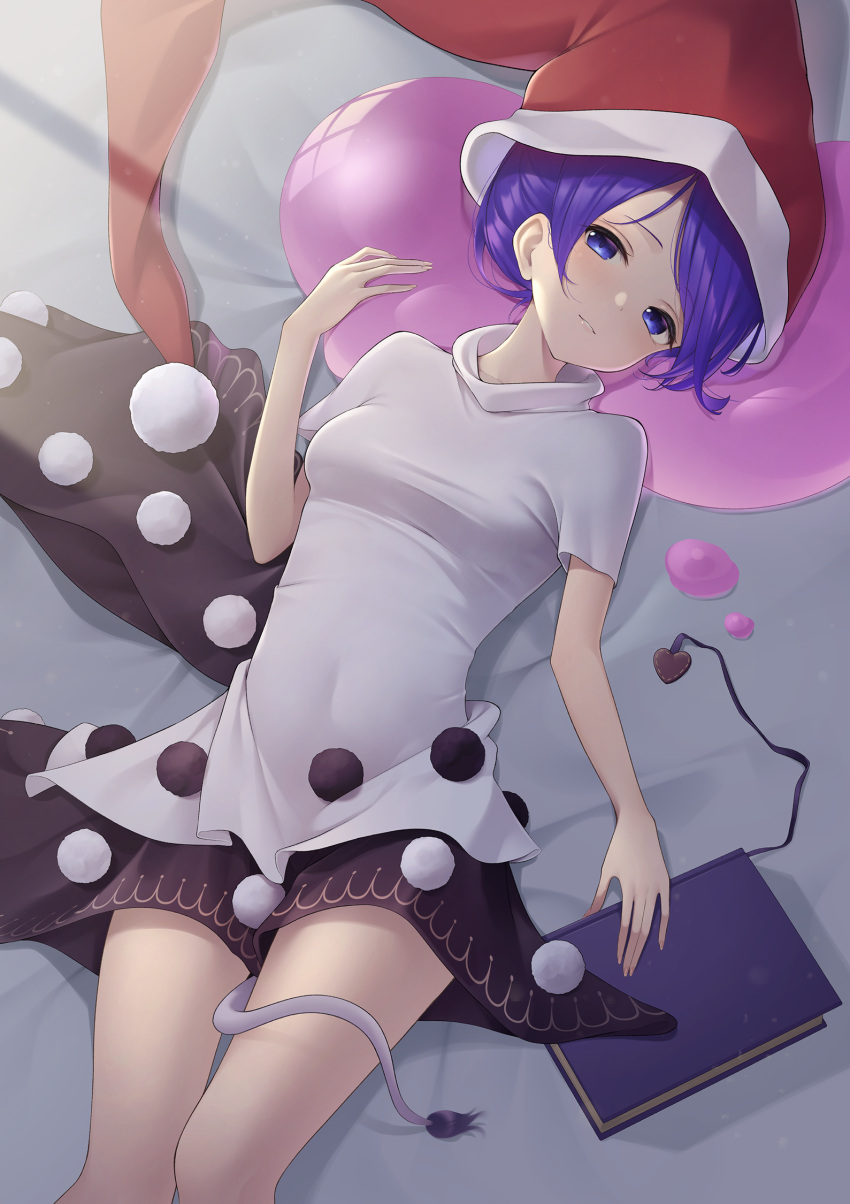 1girl bangs black_skirt blob blue_eyes blue_hair book breasts capelet_removed commentary_request doremy_sweet dream_soul dutch_angle feet_out_of_frame hand_up hat highres indoors kanpa_(campagne_9) light_blush light_smile looking_at_viewer lying medium_breasts nightcap on_back on_bed parted_bangs parted_lips pom_pom_(clothes) red_headwear shirt short_hair skirt solo swept_bangs tail tapir_tail touhou turtleneck white_shirt