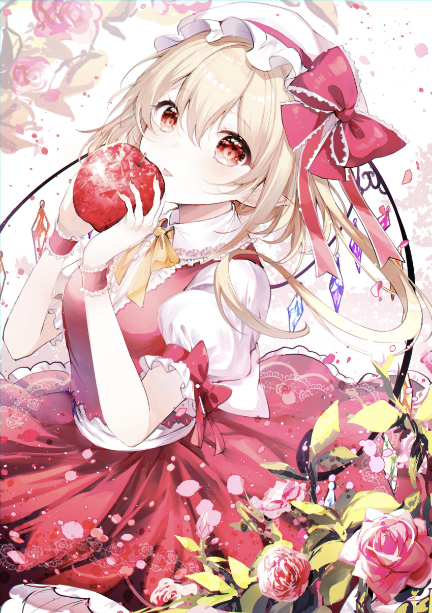 1girl :p absurdres apple bangs blonde_hair blush bow bowtie breasts collared_shirt commentary cowboy_shot crystal eyebrows_visible_through_hair fingernails flandre_scarlet flower food fruit hair_between_eyes hands_up hat hat_bow hat_ribbon highres holding holding_food holding_fruit juliet_sleeves long_hair long_sleeves looking_at_viewer medium_breasts mob_cap nail_polish noyu_(noyu23386566) petals pointy_ears puffy_short_sleeves puffy_sleeves red_bow red_eyes red_flower red_nails red_ribbon red_rose red_skirt red_vest ribbon rose shirt short_sleeves skirt solo tongue tongue_out touhou vest white_headwear white_shirt wings wrist_cuffs yellow_bow yellow_neckwear