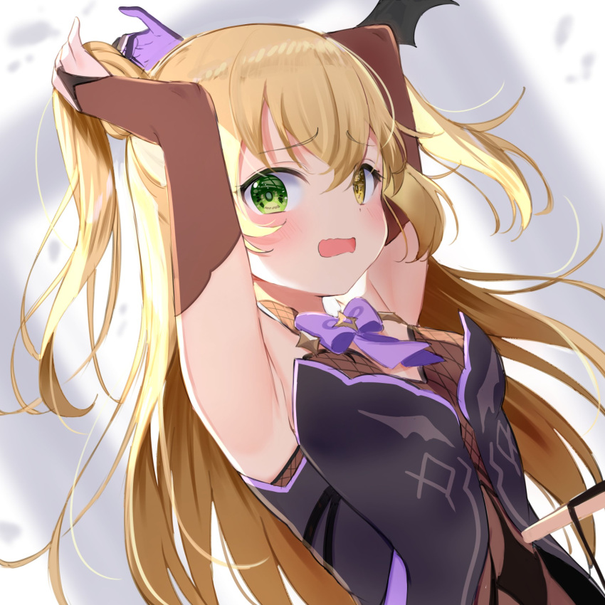 1girl armpits arms_up bare_shoulders blonde_hair blush bow detached_sleeves eyebrows_visible_through_hair fischl_(genshin_impact) genshin_impact gloves heterochromia highres leotard long_hair looking_at_viewer purple_bow solo tsukiman twintails wavy_mouth