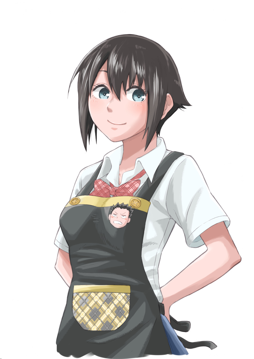 1girl absurdres apron arms_behind_back black_hair blue_eyes bow bowtie breasts collared_shirt commentary_request highres medium_breasts original plaid_neckwear shirt short_hair smile solo tying_apron upper_body watanabe_masafumi_(masafumi_127)