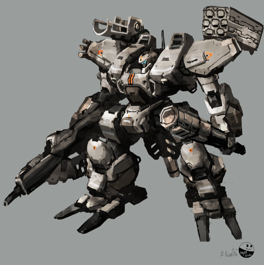 absurdres front_mission grey_background gun highres holding holding_gun holding_weapon looking_down mace magmastudio mecha missile_pod no_humans science_fiction solo visor weapon