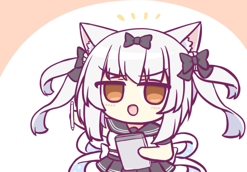 1girl animal_ear_fluff animal_ears azur_lane black_bow black_sailor_collar black_skirt bow cat_ears chibi eyebrows_visible_through_hair hair_bow holding holding_pen kashimu looking_at_viewer miniskirt open_mouth orange_eyes pen pleated_skirt sailor_collar shirt short_sleeves simple_background skirt solo white_shirt yukikaze_(azur_lane)