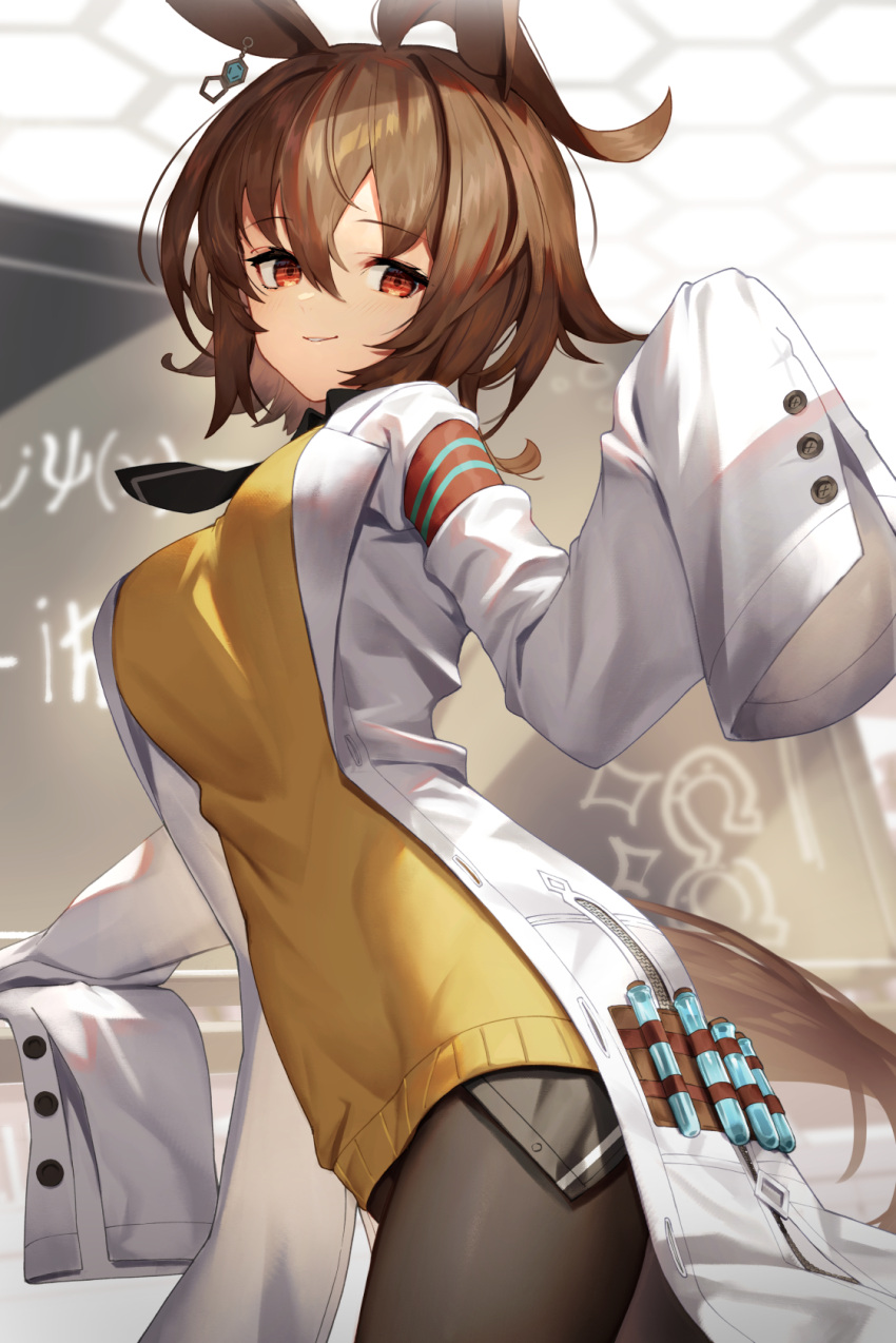 1girl agnes_tachyon_(umamusume) ahoge animal_ears bangs black_neckwear black_pants breasts brown_hair chalkboard commentary_request cowboy_shot from_side hair_between_eyes highres horse_ears horse_girl horse_tail labcoat long_sleeves looking_at_viewer medium_breasts medium_hair necktie pants red_eyes sleeves_past_fingers sleeves_past_wrists solo sukocchi sweater tail test_tube umamusume yellow_sweater