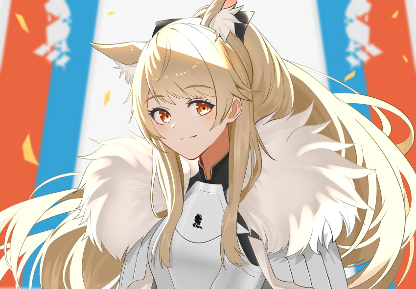 1girl absurdres animal_ear_fluff animal_ears arknights armor bangs black_ribbon blemishine_(arknights) blonde_hair blush breastplate commentary_request eyebrows_visible_through_hair hair_ribbon highres horse_ears horse_girl kingdom_of_kazimierz_logo long_hair looking_at_viewer pauldrons ribbon ryuya shoulder_armor smile solo upper_body yellow_eyes