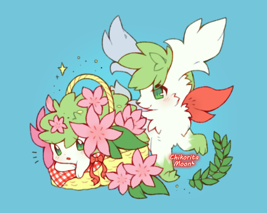 artist_name basket blue_background blush closed_mouth commentary_request flower gen_4_pokemon green_eyes highres in_basket mew_mew_chikorita_moon mythical_pokemon open_mouth pink_flower pokemon pokemon_(creature) shaymin shaymin_(land) shaymin_(sky) simple_background smile sparkle