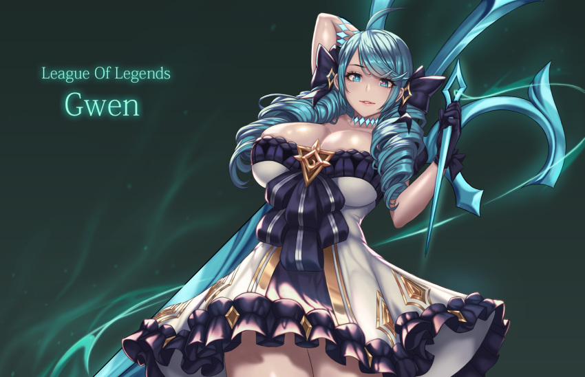 1girl ahoge arm_up aura black_gloves blue_eyes blue_hair blue_pupils breasts character_name copyright_name cropped dress drill_hair frilled_dress frills gloves gwen_(league_of_legends) highres holding holding_needle holding_scissors holding_weapon large_breasts league_of_legends long_hair mad_kimo needle oversized_object parted_lips pink_pupils scissors smile solo thread twin_drills twintails weapon white_dress