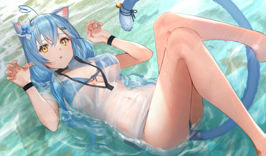 1girl ahoge alternate_costume animal_ears bikini bikini_under_clothes breasts cat_ears cat_girl cat_tail choker cleavage_cutout clothing_cutout commentary_request eyelashes feet_out_of_frame flower from_above hair_between_eyes hair_flower hair_ornament hairclip highres hololive in_water knees_up large_breasts leg_lift legs long_hair low_twintails lying navel on_back open_mouth paw_pose see-through shadow shiny shiny_hair short_sleeves sidelocks solo swimsuit tail takubon thighs twintails under_boob virtual_youtuber wet wet_clothes yellow_eyes yukihana_lamy