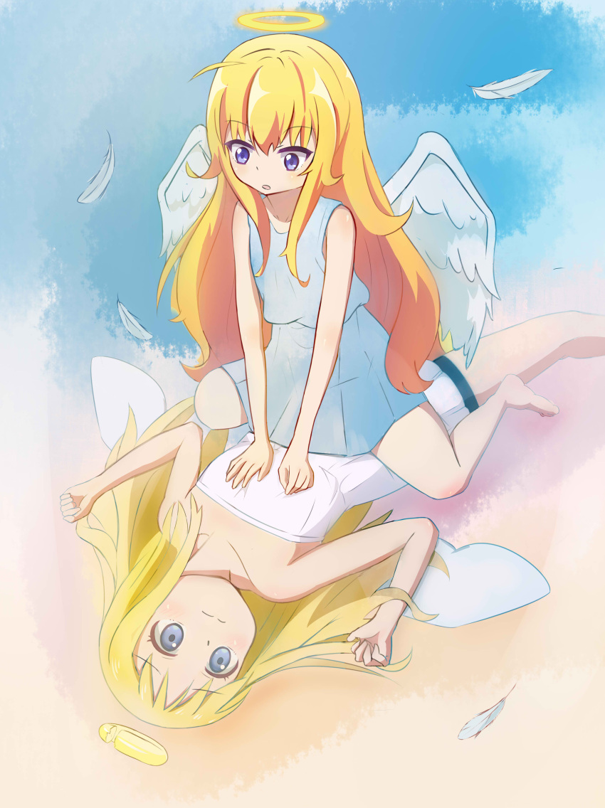 1girl 1other absurdres angel_wings bare_shoulders bike_shorts black_shorts blonde_hair blue_eyes broken_halo crimvael crossover dress feathers gabriel_dropout gabriel_tenma_white halo hands_on_another's_chest highres ishuzoku_reviewers long_hair lying on_back seiyuu_connection shorts sitting sitting_on_person strapless strapless_dress trait_connection white_dress wings