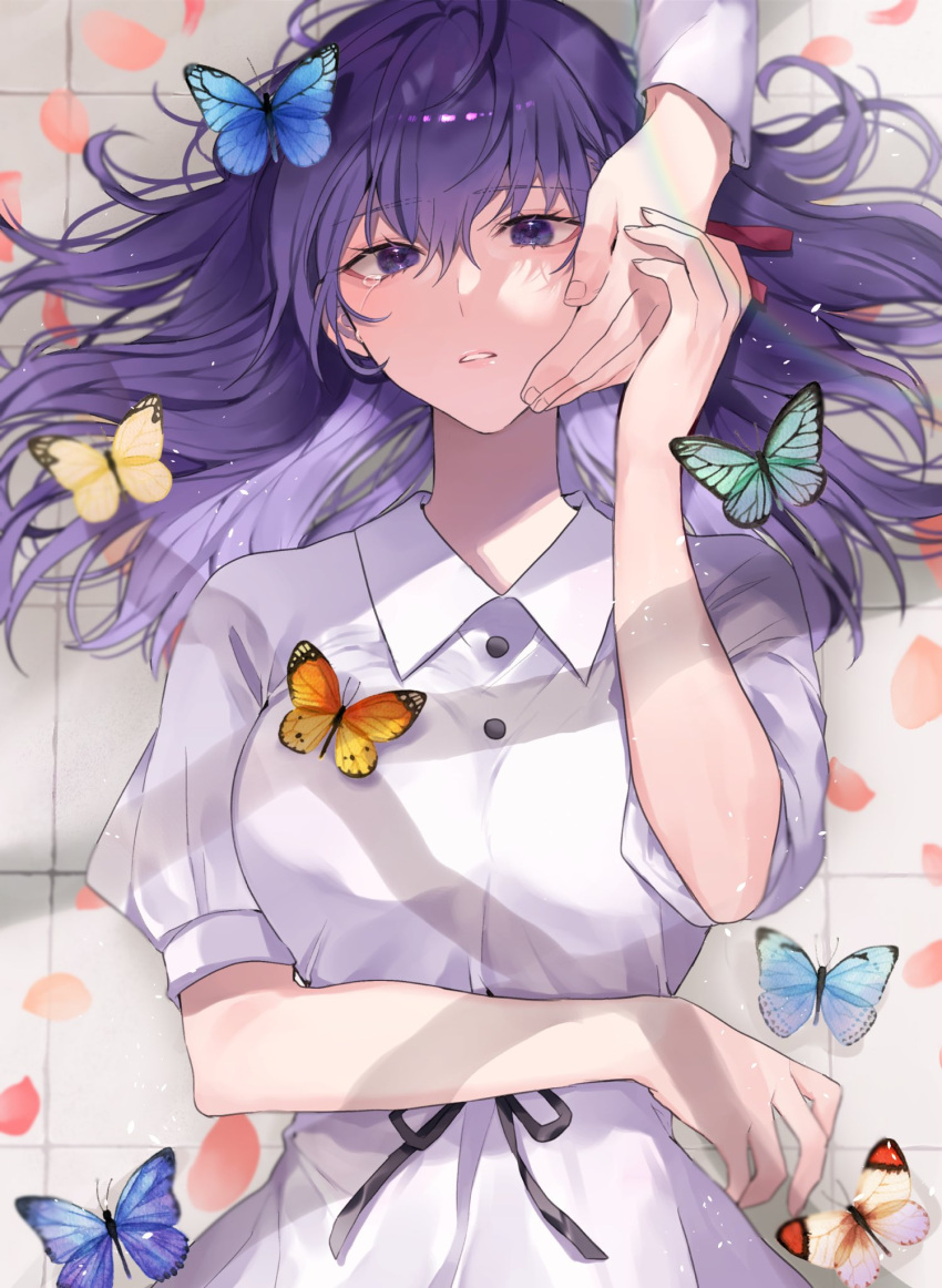 1girl bug butterfly collared_dress crying crying_with_eyes_open dress fate/stay_night fate_(series) hand_on_another's_face hand_on_another's_hand highres insect long_hair looking_at_viewer lying matou_sakura on_back out_of_frame parted_lips petals puffy_short_sleeves puffy_sleeves purple_hair shimatori_(sanyyyy) shoes short_sleeves tears tile_floor tiles violet_eyes white_dress