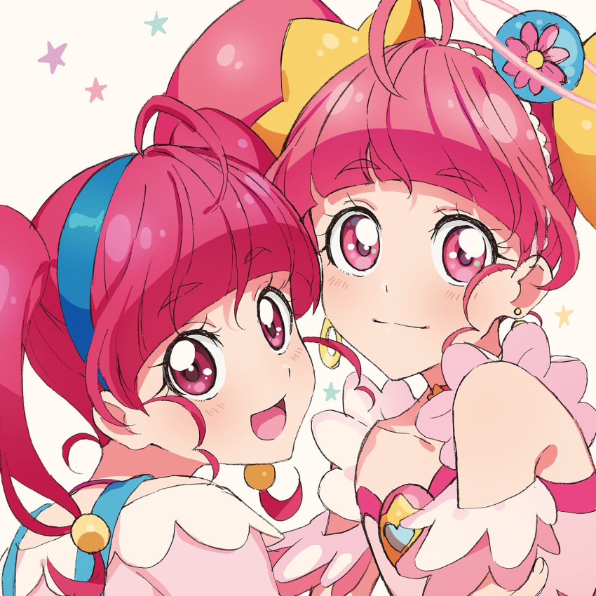2girls :d blue_hairband closed_mouth commentary_request cure_star dual_persona earrings eyebrows_visible_through_hair hairband highres hoshina_hikaru jewelry looking_at_viewer magical_girl multiple_girls open_mouth pink_eyes pink_hair precure smile star_twinkle_precure twintails upper_body yufu_toyomimasu