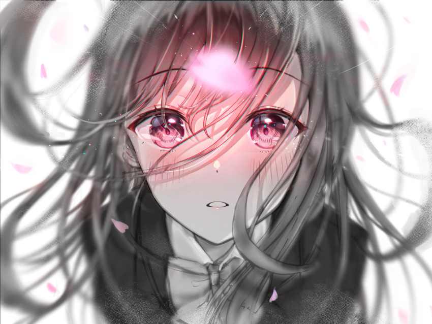 1girl bangs blush bow bowtie commentary_request emphasis_lines eyebrows_visible_through_hair glowing hair_between_eyes highres looking_at_viewer original parted_lips partially_colored petals portrait sakura_(39ra) simple_background solo violet_eyes white_background