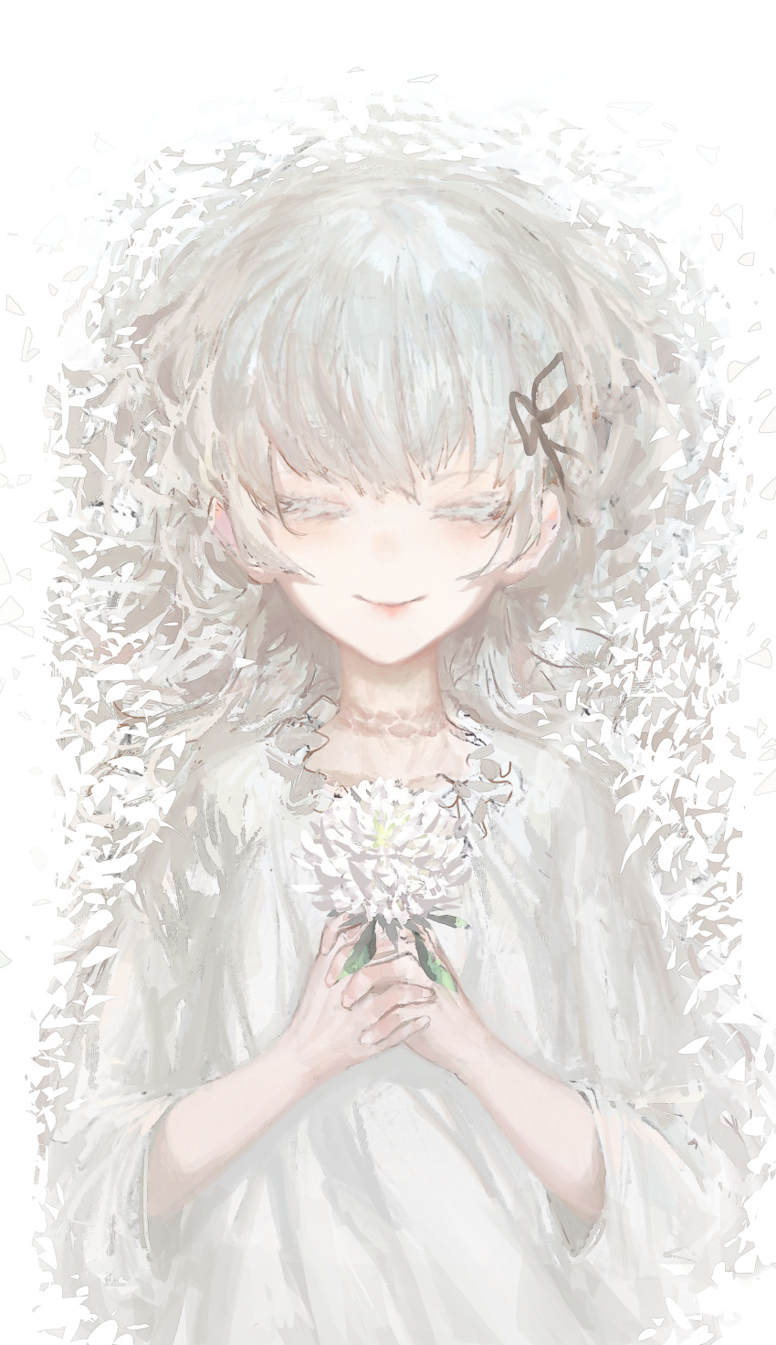 1girl absurdres closed_eyes eyelashes flower hair_ribbon hands_together highres holding holding_flower huge_filesize original pale_skin petals ribbon rsef short_hair simple_background smile solo strangle_mark white_background white_hair