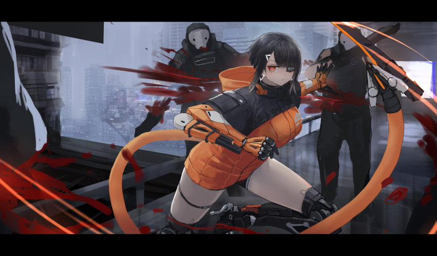 1girl 3boys absurdres barcode bisected black_hair blood cyberpunk cyborg earrings eyepatch fighting hair_ornament hairclip highres jacket jewelry letterboxed mask mechanical_arms mechanical_tail mihato_senba multiple_boys orange_eyes original prosthesis short_hair short_shorts shorts sumi_elias tail