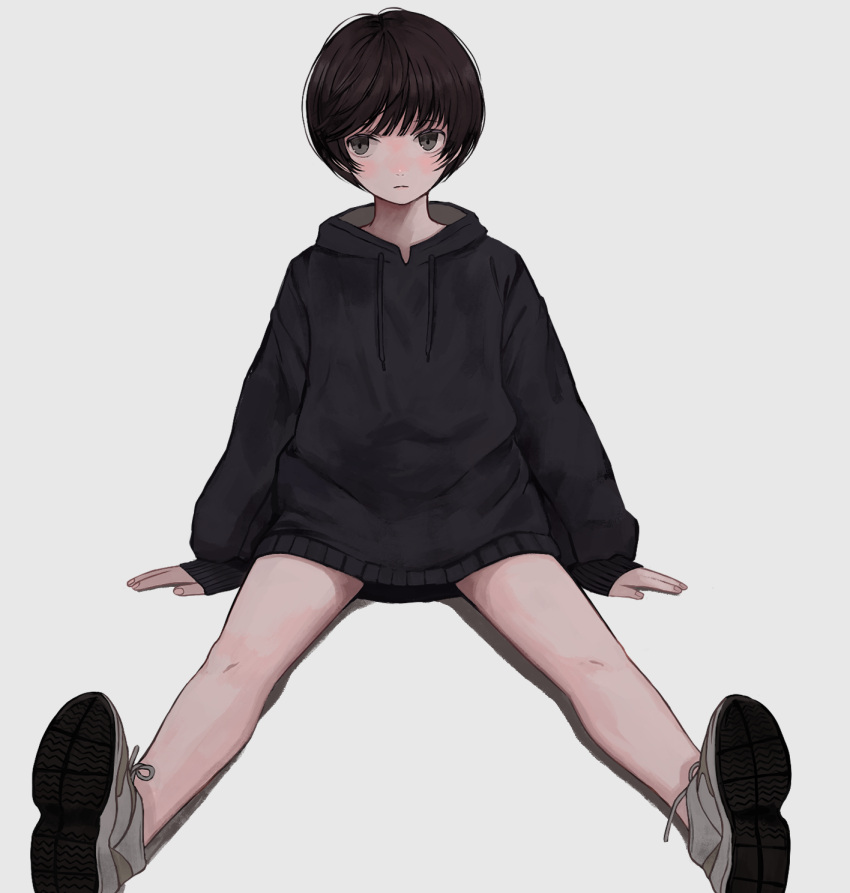 1girl black_eyes black_hair highres hood hoodie maoyasumisumi no_pants original short_hair simple_background sitting solo