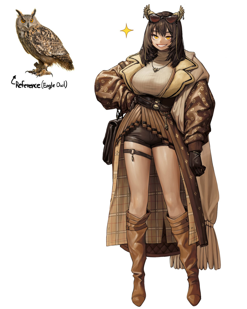 1girl bag bird boots brown_coat brown_footwear brown_hair brown_shorts coat eyewear_on_head full_body hand_on_hip highres jewelry long_hair long_sleeves looking_at_viewer necklace original owl parted_lips personification plaid rinotuna shorts shoulder_bag simple_background smile solo standing white_background yellow_eyes