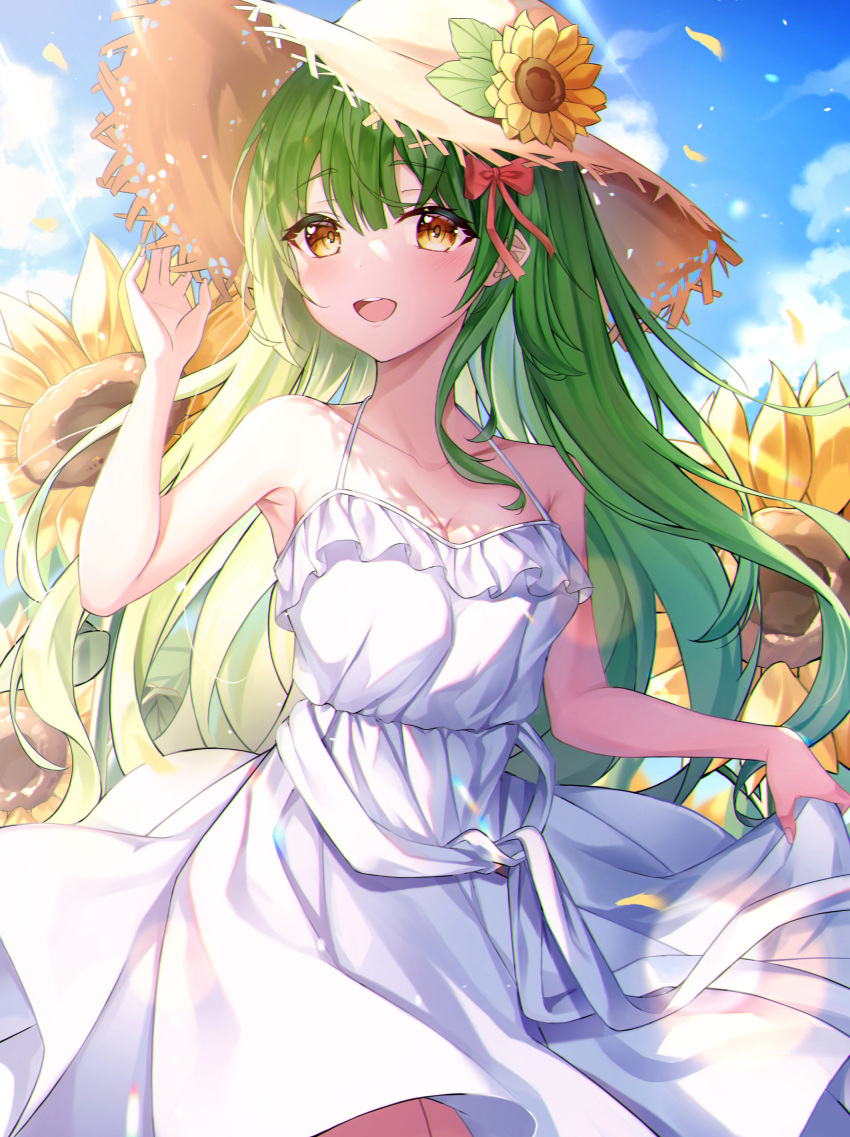 1girl :d absurdres bangs bare_shoulders bow breasts character_request collarbone commentary_request copyright_request cowboy_shot day dress eyebrows_visible_through_hair flower green_hair hair_bow hand_on_headwear hat hat_flower highres long_hair looking_at_viewer medium_breasts open_mouth red_bow skirt_hold sky sleeveless sleeveless_dress smile solo straw_hat sundress sunflower teeth ttopang upper_teeth white_dress yellow_eyes yellow_headwear