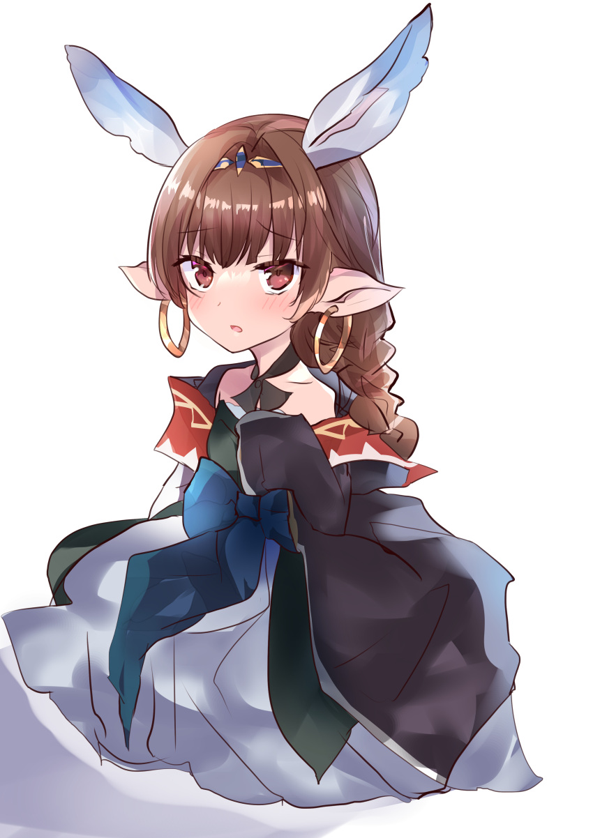 1girl absurdres animal_ears bare_shoulders black_dress black_jacket blue_bow blush bow braid brown_eyes brown_hair commentary_request dress earrings full_body granblue_fantasy haaselia hand_up harvin headpiece highres hoop_earrings jacket jewelry kemonomimi_mode long_hair long_sleeves looking_at_viewer natsu_(sinker8c) off-shoulder_jacket open_clothes open_jacket parted_lips pointy_ears sleeves_past_fingers sleeves_past_wrists solo