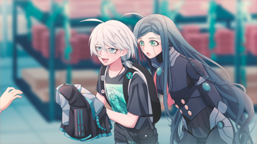 1boy 1girl 1other :d :o ahoge alternate_costume android arms_behind_back backpack bag black_bag black_skirt blue_hair blurry blurry_background buttons character_print cheer_(cheerkitty14) collarbone cowboy_shot dangan_ronpa_(series) dangan_ronpa_v3:_killing_harmony depth_of_field double-breasted english_commentary from_side green_eyes grey_eyes hatsune_miku holding holding_clothes keebo leaning_forward long_hair medium_hair open_mouth print_shirt shirogane_tsumugi shirt shirt_removed short_ponytail skirt skirt_removed smile white_hair